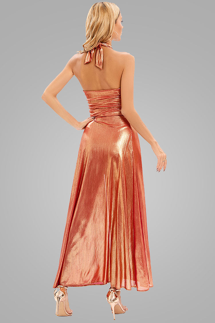 Metallic Halter O Ring Buckle Cutout High Slit Maxi Dress