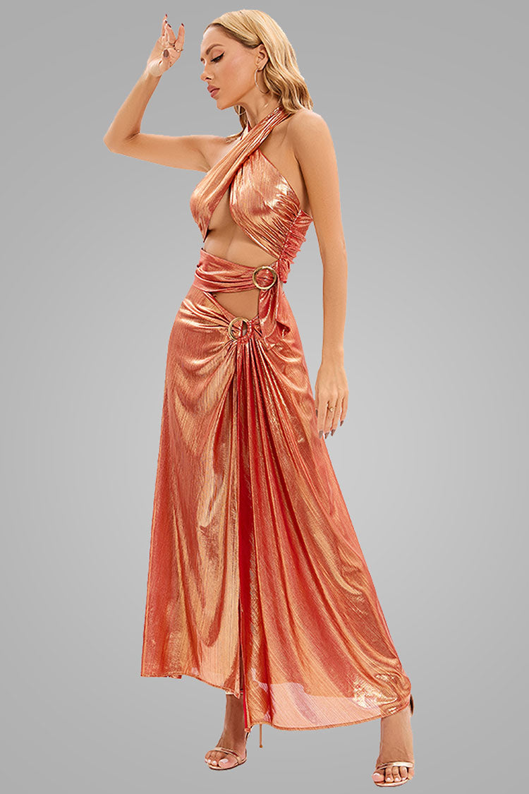 Metallic Halter O Ring Buckle Cutout High Slit Maxi Dress