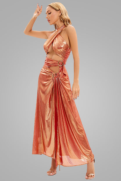 Metallic Halter O Ring Buckle Cutout High Slit Maxi Dress