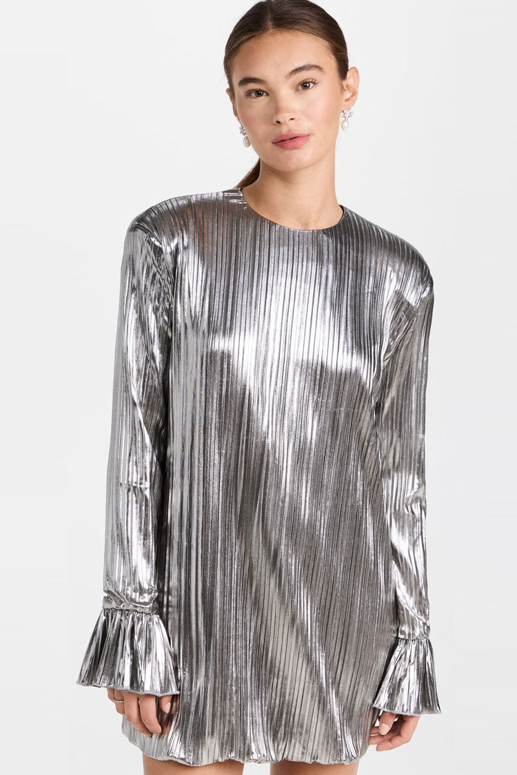 Metallic Accordion Pleat Crew Neck Ruffle Cuff Shift Mini Dress