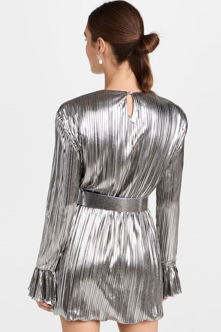 Metallic Accordion Pleat Crew Neck Ruffle Cuff Shift Mini Dress
