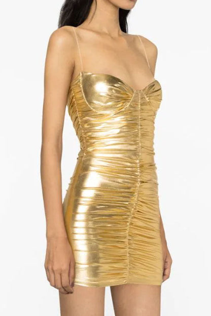 Metallic Sweetheart Neck Spaghetti Strap Ruched Bustier Bodycon Mini Dress
