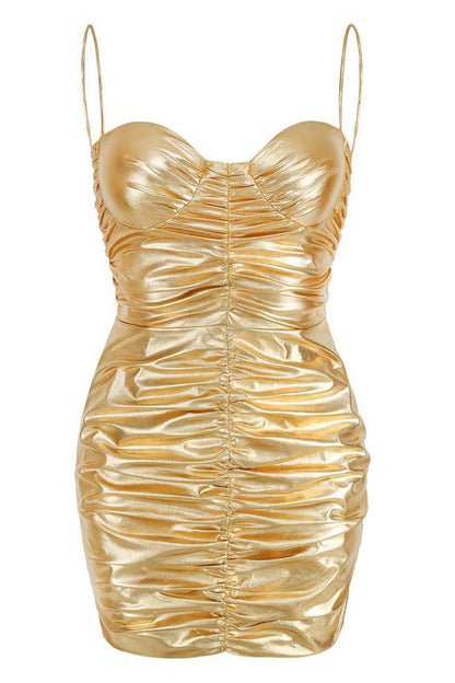 Metallic Sweetheart Neck Spaghetti Strap Ruched Bustier Bodycon Mini Dress