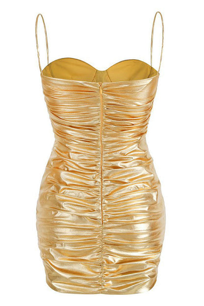 Metallic Sweetheart Neck Spaghetti Strap Ruched Bustier Bodycon Mini Dress