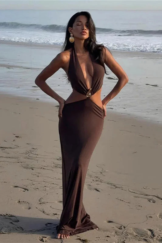 Metallic V Neck Resort Casual Maxi Dress