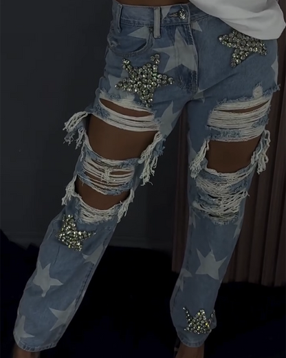 Ripped Ornament Jeans