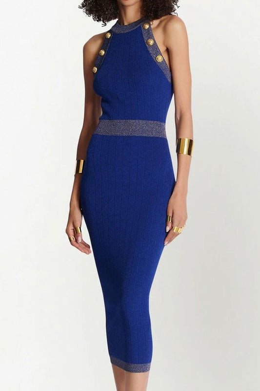 Ribbed Knit Halter Neck Metal Button Trim Sleeveless Bodycon Midi Dress