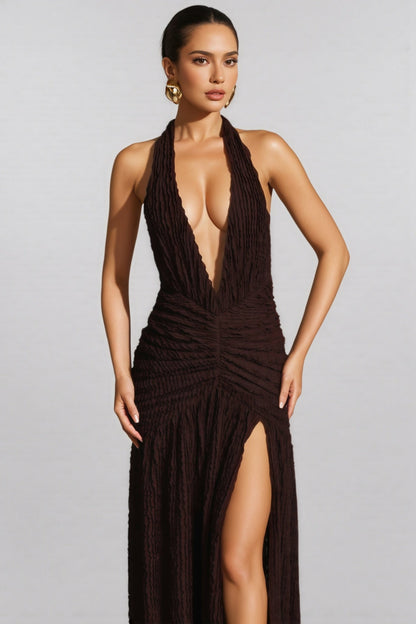 Betrys Brown High-Slit Backless Maxi Dress