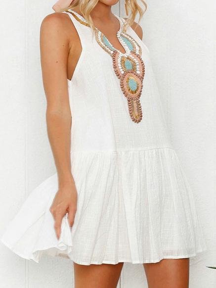 Beaded Bib Deep V-Neck Sleeveless Drop-Waist Ruffle Mini Dress