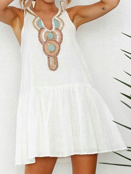 Beaded Bib Deep V-Neck Sleeveless Drop-Waist Ruffle Mini Dress