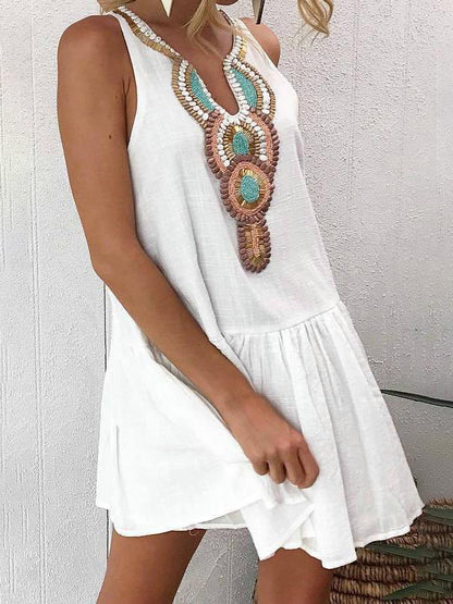 Beaded Bib Deep V-Neck Sleeveless Drop-Waist Ruffle Mini Dress