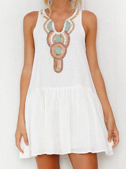 Beaded Bib Deep V-Neck Sleeveless Drop-Waist Ruffle Mini Dress