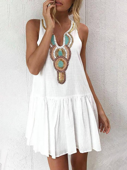 Beaded Bib Deep V-Neck Sleeveless Drop-Waist Ruffle Mini Dress