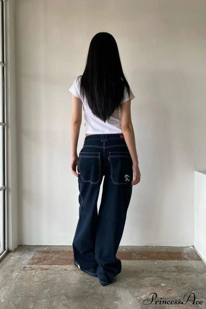 Minimalist Pocket Embroidery Relaxed Wide Leg Jeans