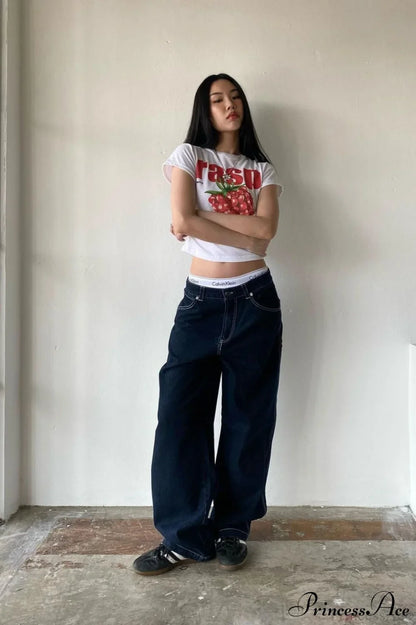 Minimalist Pocket Embroidery Relaxed Wide Leg Jeans