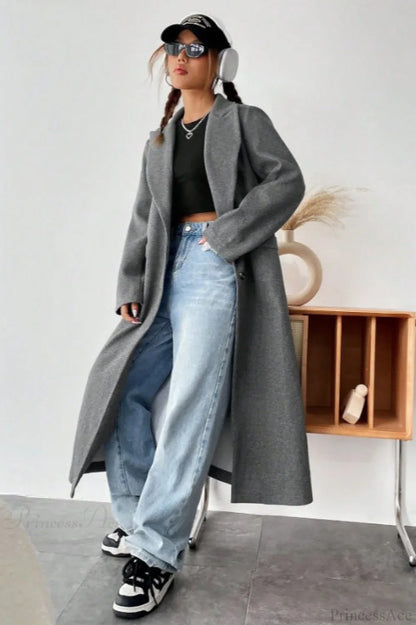 Minimalist Solid Color Elegant Notched Collar Relaxed Wool Overcoat