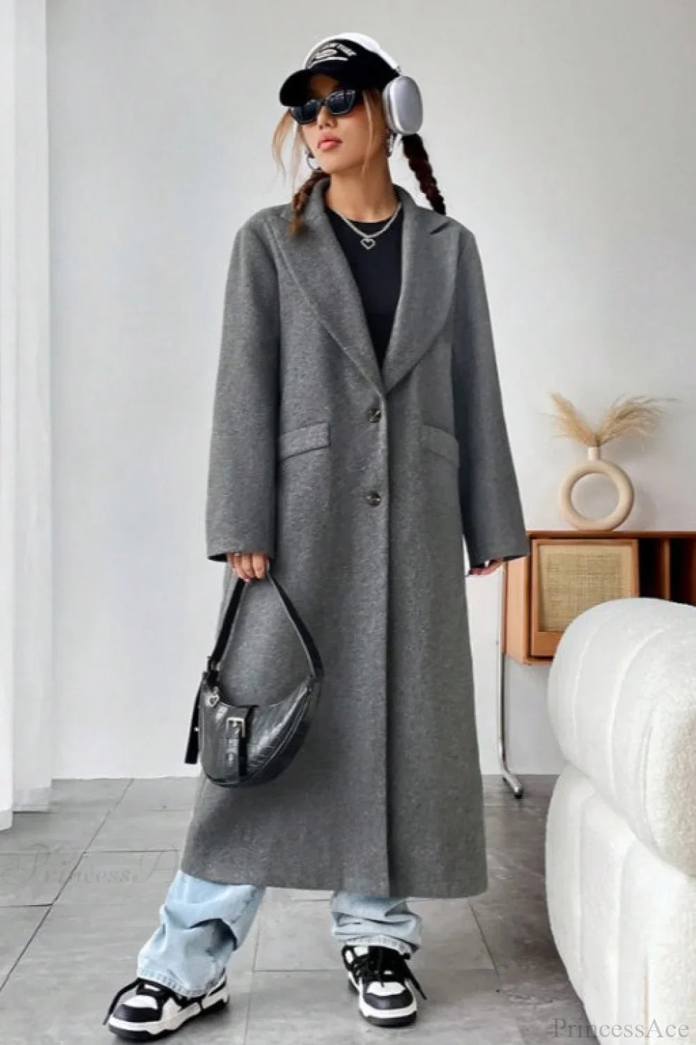 Minimalist Solid Color Elegant Notched Collar Relaxed Wool Overcoat