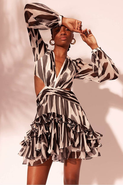 Miriam Printed Cut-out Ruffle Mini Dress