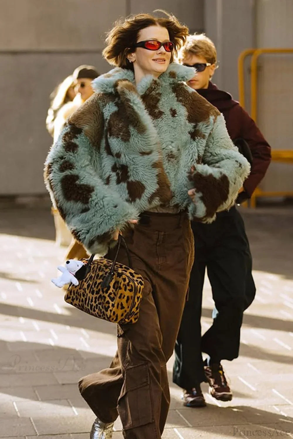 Mixed Color Printed Long Sleeve Cropped Faux Fur Coat