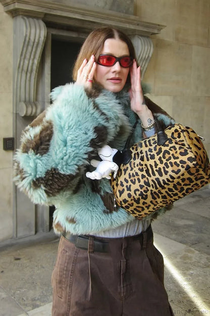 Mixed Color Printed Long Sleeve Cropped Faux Fur Coat