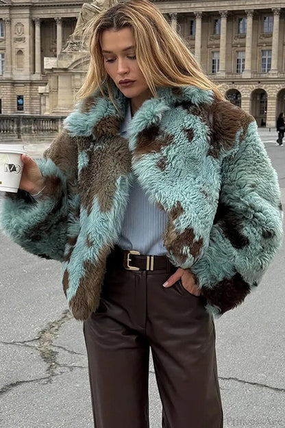 Mixed Color Printed Long Sleeve Cropped Faux Fur Coat