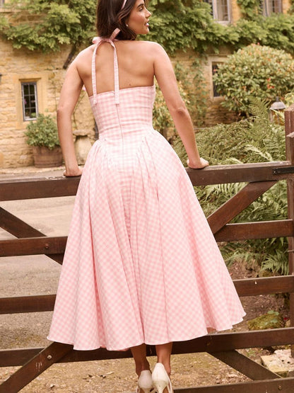 Gingham Print Tied Halterneck Midi Dress