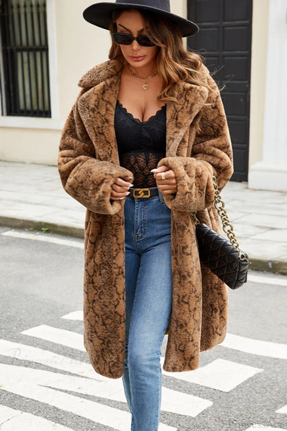 Modern Snake Print Thickened Faux Fur Overcoat
