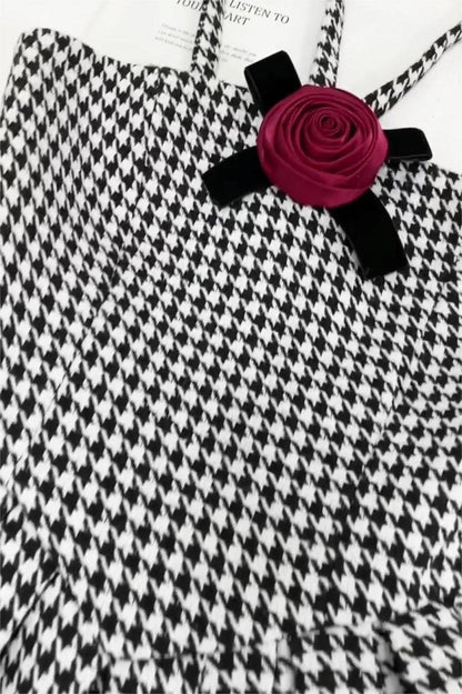 Mona Houndstooth Rose Bow Trimmed A-line Mini Dress