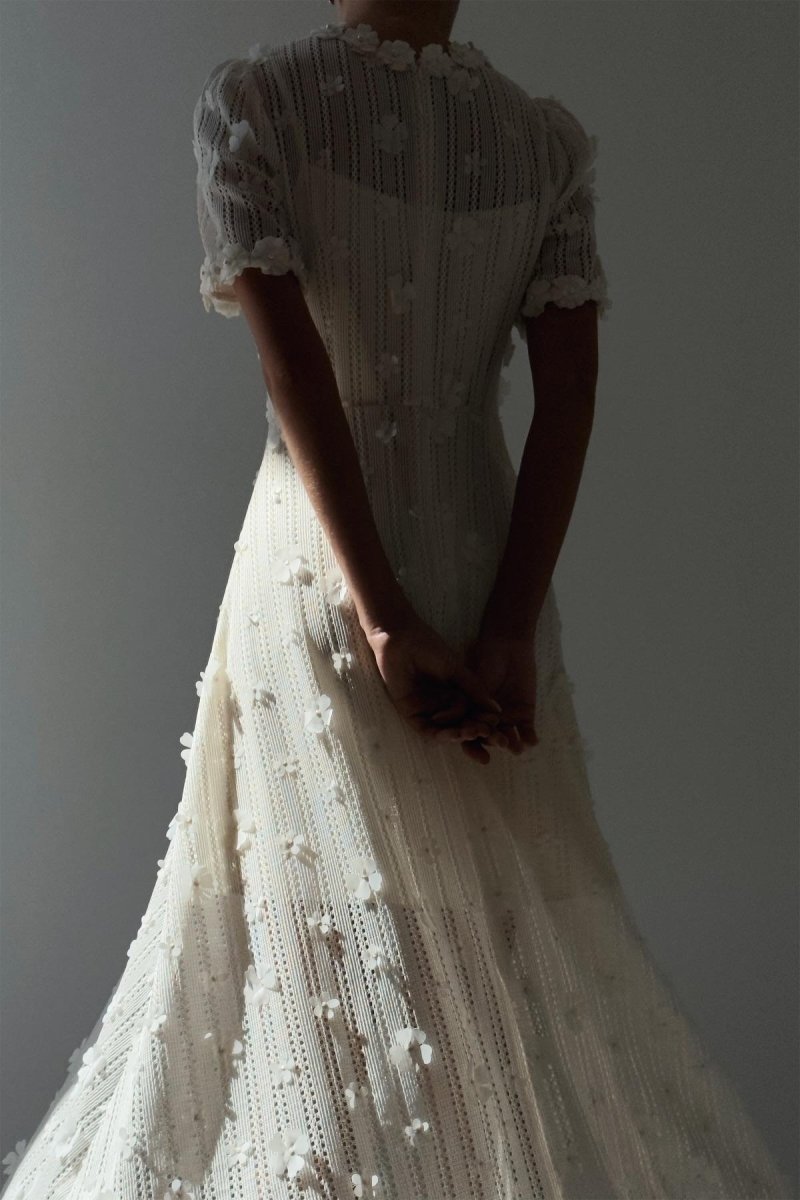 3D Floral Appliqué Pearl Trim Crew Neck Lace Texture Fit and Flare Midi Dress