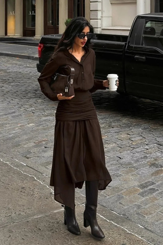 Moody Brown Chiffon Long Sleeve Asymmetrical Two Piece Set