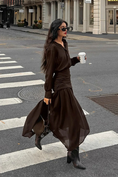 Moody Brown Chiffon Long Sleeve Asymmetrical Two Piece Set