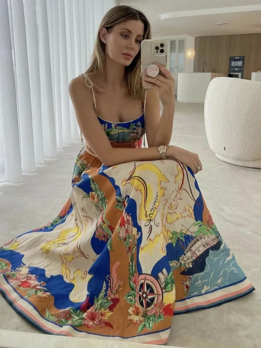 Tied Spaghetti Strap Nautical Floral Print Dress