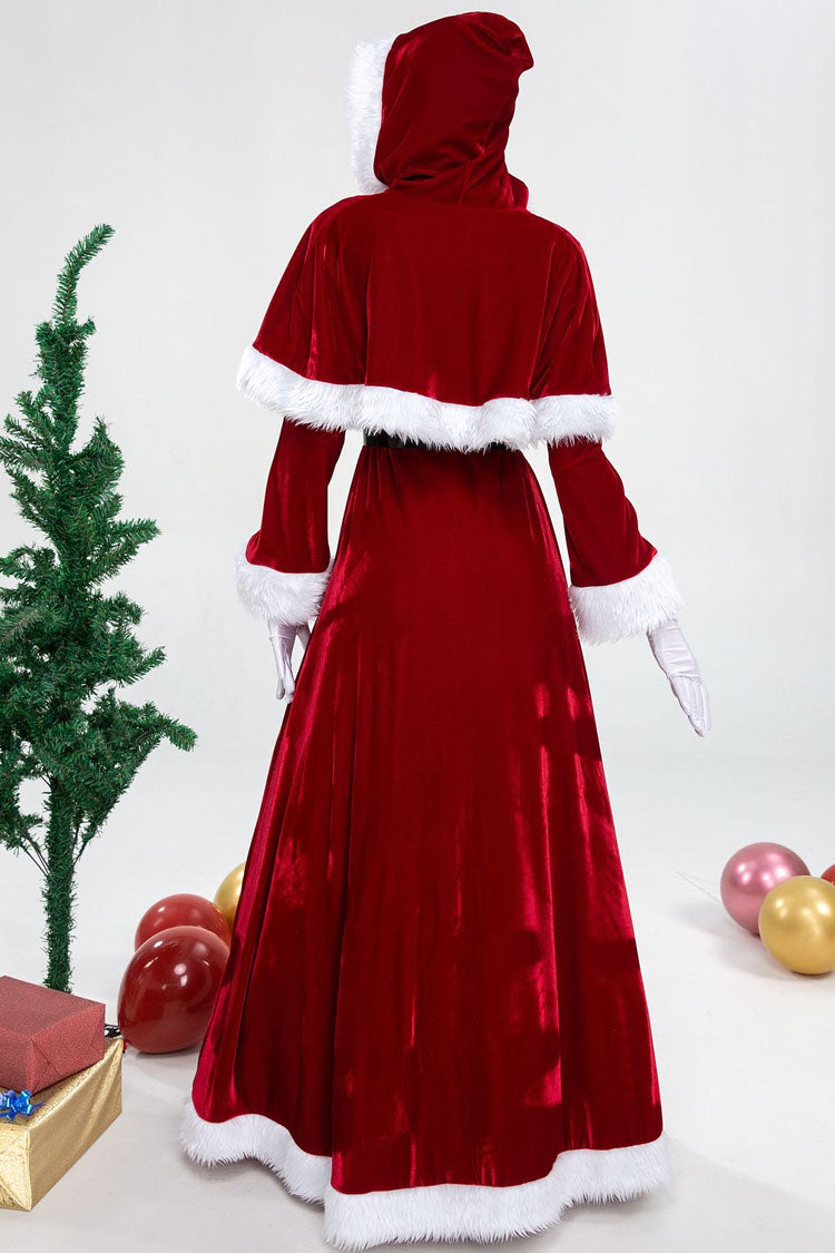 Hooded Faux Fur Trim Embroidered Velvet Belted Christmas Maxi Gown