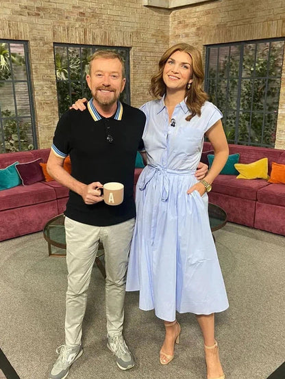 Blue Short Sleeves Midi Dress with Belt