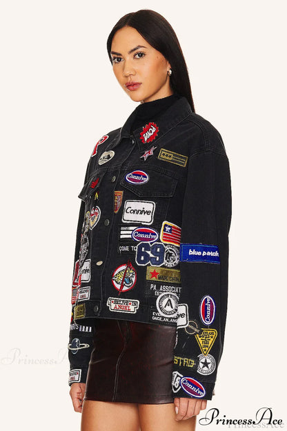 Multi Badge Denim Collared Coat