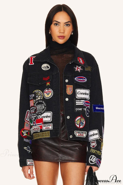 Multi Badge Denim Collared Coat