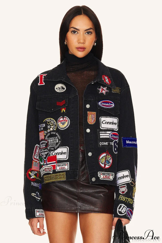 Multi Badge Denim Collared Coat