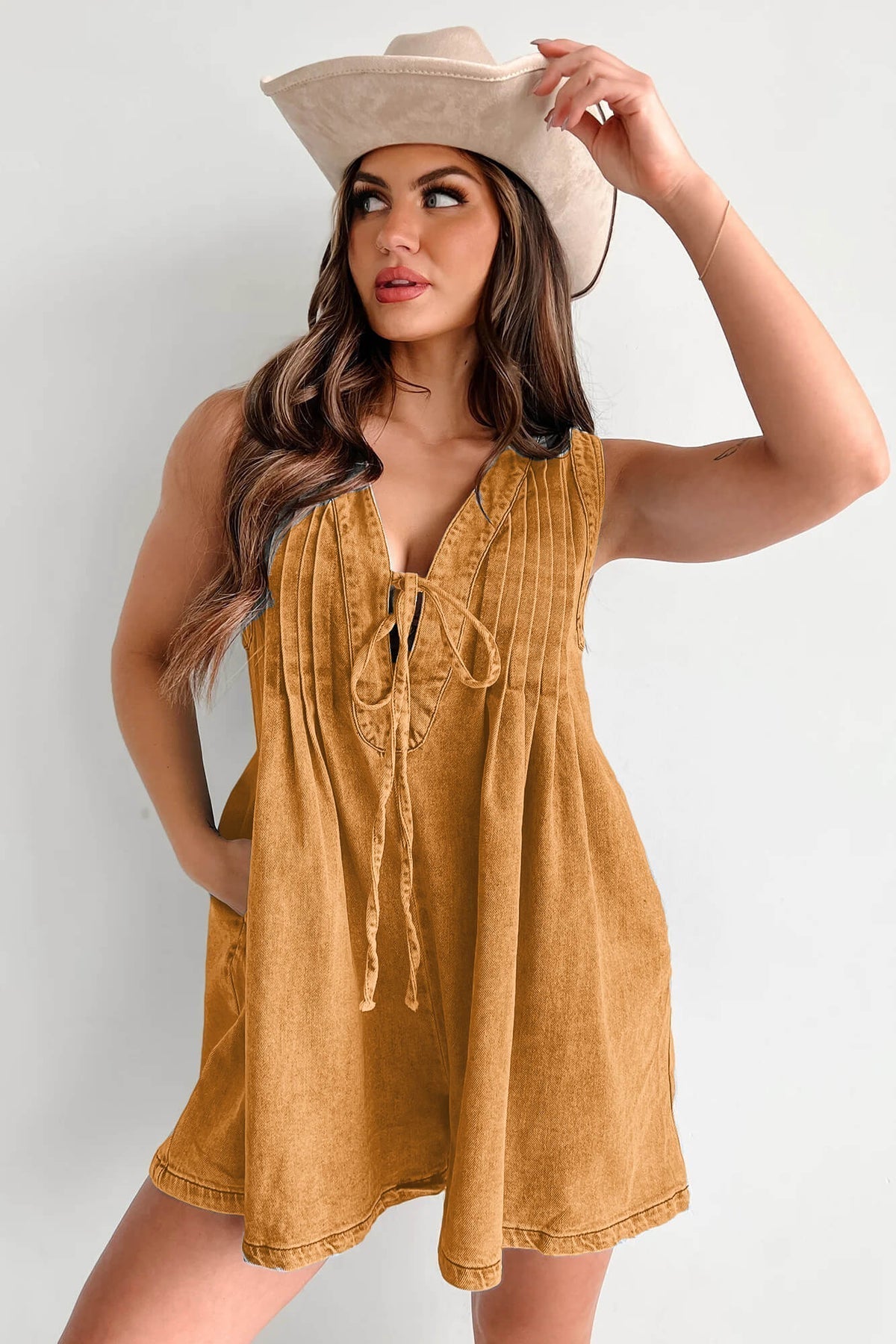 Abbey™ | Light Denim Romper with Tie Closure