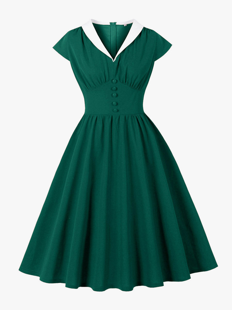 V Neck Contrast Lapel Ruched Retro A-line Swing Dress For Women 2026