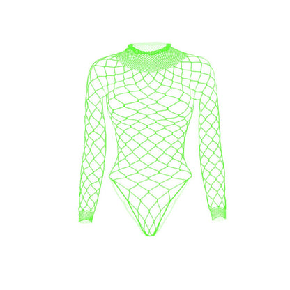 Long sleeve high neck fishnet diamond pattern bodysuit
