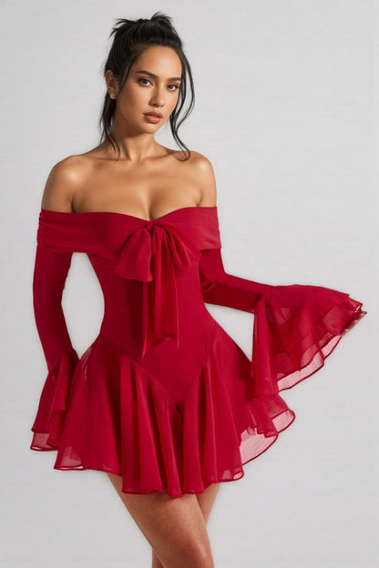 Hannd Red One-Shoulder Bell Sleeve Mini Dress