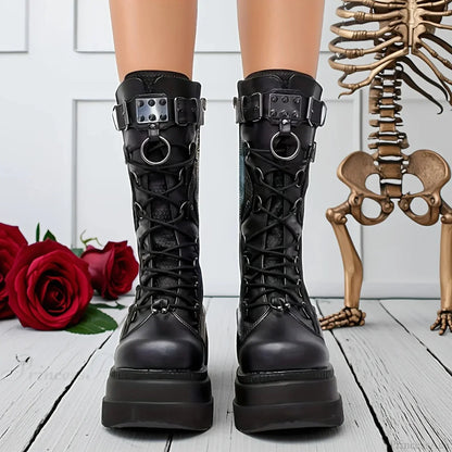 New Dark Platform Rivet Punk Wedge Boot