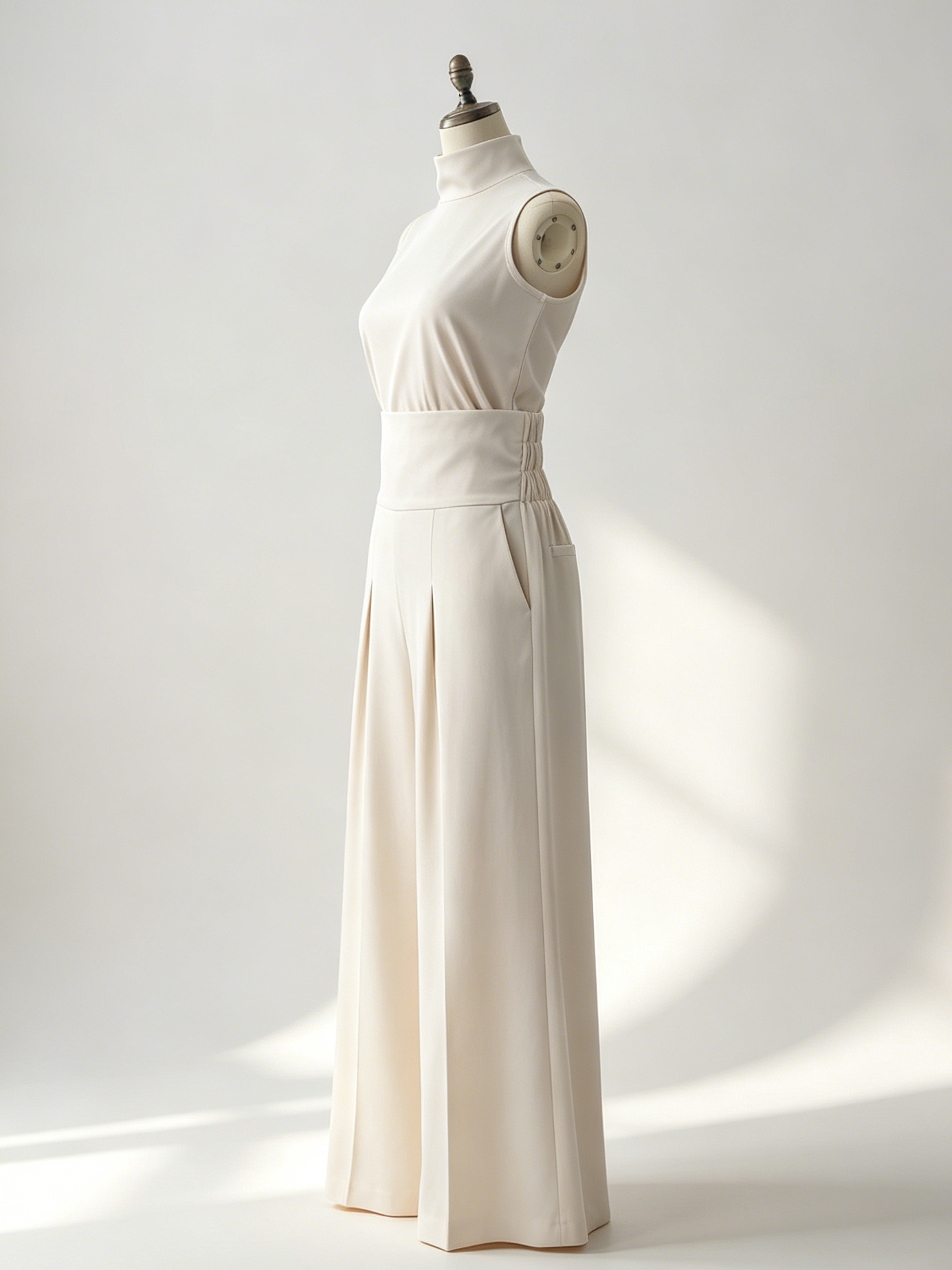 Two Piece Sets Pant Set Maxi Dresses Ecru White High Collar Sleeveless Elegant Sets