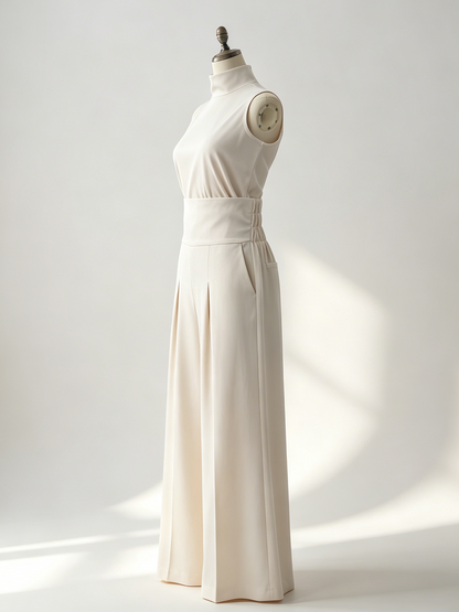 Two Piece Sets Pant Set Maxi Dresses Ecru White High Collar Sleeveless Elegant Sets