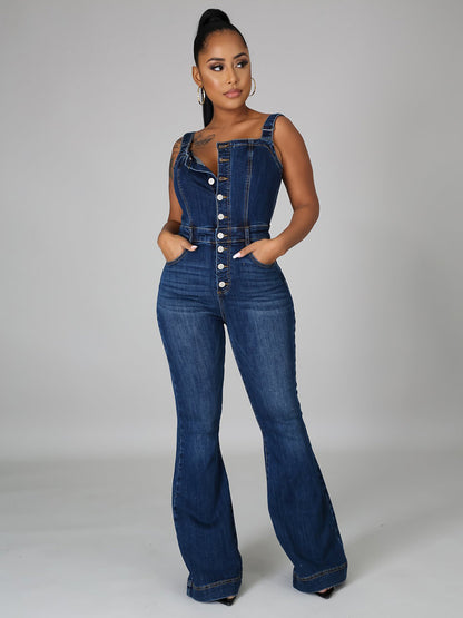 Button Up Washed Denim Jumpsuit For Women - Dark Blue Retro Bodycon Flare Leg Overalls - Summer Chic Streetwear 2026