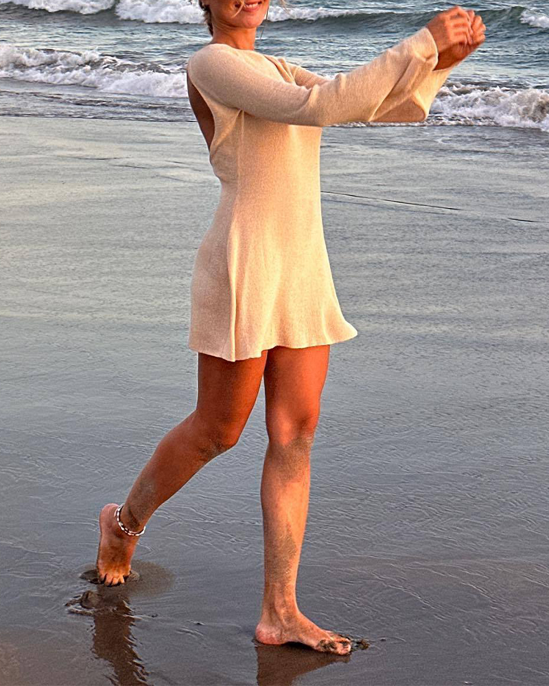 Bell Sleeve Open Back Colorblock Striped Knit Dress