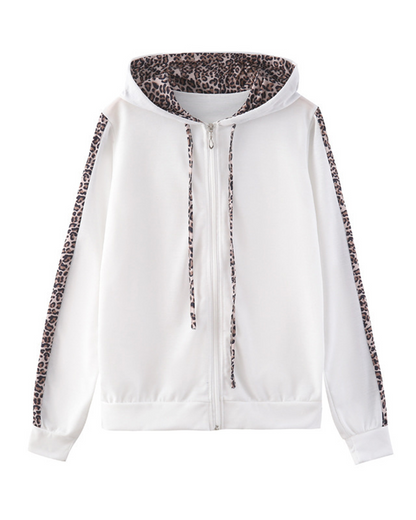 Leopard Print Zippered Hoodie And Trousers Suit
