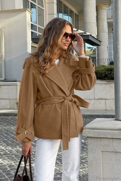 Notched Collar Wool Blend Tie Waist Barn Style Coat