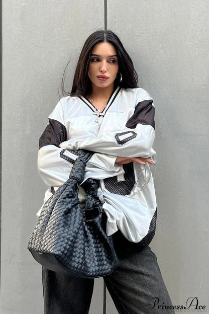 Number Print V Neck Color Block Loose Sweatshirt