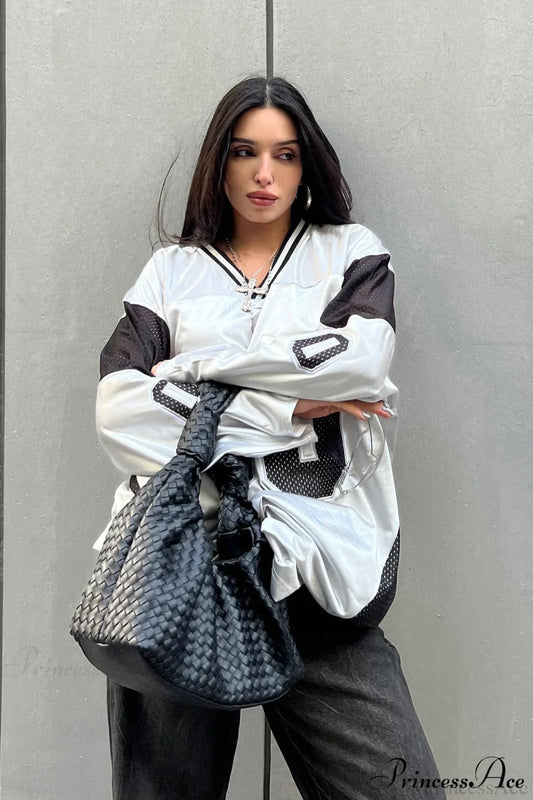 Number Print V Neck Color Block Loose Sweatshirt